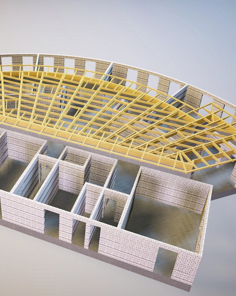 BIM-Modell der Kita Rechlin: gebogener Mauerwerksbau mit sichtbarem Dachtragwerk